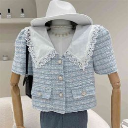 Sweet Plaid Single-breasted Shirt Female Tops Puff Sleeve Summer Women Blouses Femme Blusas Korean Chic Fashion Crop Top 210514