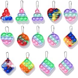 Rainbow Key Chain Pandent Pop It Fidget Toy Sensory Push Bubble Autism Special Needs Anxiety Stress Reliever Square Heart Keychain Decompression Toys for Kids Adult