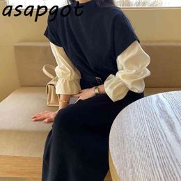 Autumn Chic Solid Loose Flare Sleeve Blouse Tops Half Turtleneck Short Knitted Dress Women Bandage Lace Up Waist Casual 210429