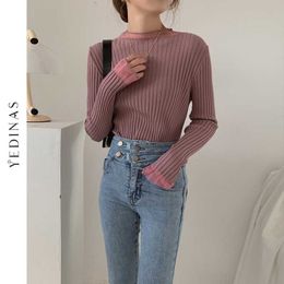 Yedinas Korean Style Knitted Long Sleeve Sweater Mesh Patchwork Chic Fashion Pullover Female Solid Sweaters Casual Slim Knitwear 210527