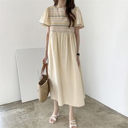 chic elegant dress female retro embroidery loose pleated mid-length skirt summer Korean fashion women's clothing 210520