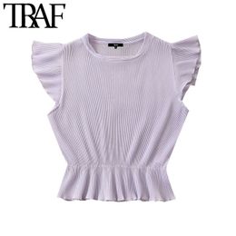 TRAF Women Sweet Fashion Ruffled Pleated Blouses Vintage O Neck Sleeveless Female Shirts Blusas Chic Tops 210415