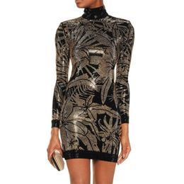 HIGH QUALITY est BAROCCO Designer Runway Dress Women's Long Sleeve Diamonds Embellished Stretch Bodycon 210521