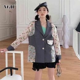 Elegant Patchwork Print Hit Colour Blazer For Women Notched Long Sleeve Straight Loose Blazers Female Summer Fashion 210531