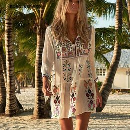 INSPIRED Floral Embroidered bohemian chic women's summer dress tassel tied white sleeve beach dress white 210412