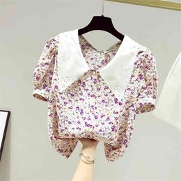 Korean Style Summer Retro Floral Shirt For Women Puff Short Sleeves Girls Ladies Fashion Casual Shirts Tops 210428