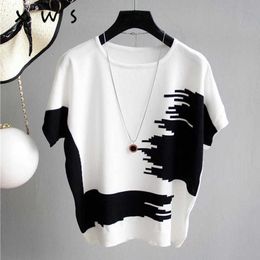 Summer Women Sweater Pullover thin Rib Knitted Tops patchwork o Neck Essential Jumper short Sleeve Sweaters jersey mujer 210604