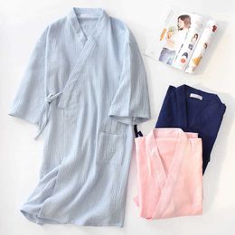 Autumn 100% Cotton Crepe Double Gauze Japanese Kimono Robe Womens Robes Sleepwear Couple Dressing Gown Long Wedding Pajamas 210924