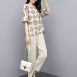 Cotton and Linen Women Casual Set Summer Short Sleeve Print Dot T Shirt and Pants Ladies Fashion Basic 2 Piece Set Plus Size X0428