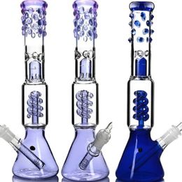 Blue Glass Water Bongs Beaker Glass Dab Rigs Hookahs Arm Tree Percolater Pipe Recycler Thick Base Spiral Coil purple Bubbler oil burner