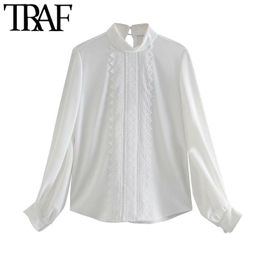 TRAF Women Fashion With Lace Pleated Office Wear Blouses Vintage High Neck Long Sleeve Female Shirts Chic Tops 210415