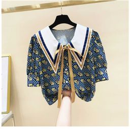 Printed Peter Pan Collar Lace-up Print Bow Short Shirt Women's Summer Loose Ageing All-match Design Tops Women Blouses 210615