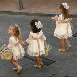 Spring Girls Bridesmaid White Dress Baby Toddler Kids Knee-Length Fashion Party Lace Long Sleeve Bow Wedding Princess Dresses Q0716