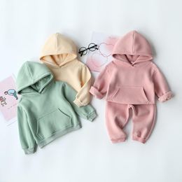 toddler pullover UK - Clothing Sets Baby Boys And Girls Hooded Sweater Jacket Autumn Winter Fleece Inner Liner Toddler Pullover Solid Hoodies Pant Set
