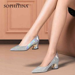 SOPHITINA Fashion Women Pumps Silver Bling Crystal Premium Leather Shoes TPR Colorful Wedding Party Lady Shoes AO03 210513