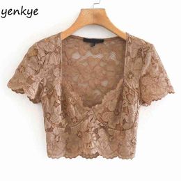 Fashion Openwork Crochet Lace T Shirt Women Deep V Neck Short Sleeve Summer Sexy Tops Crop Top CCWM9825 210514