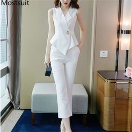 Summer Office Two Piece Suit Set Women Sleeveless Blouse + Pants Suits Workwear Fashion Elegant Ladies Matching 210513