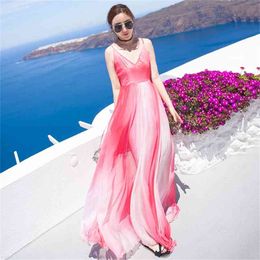Summer seaside on vacation sling chiffon dress women spring fashion elegant back bandage v neck sexy maxi dresses LR759 210531