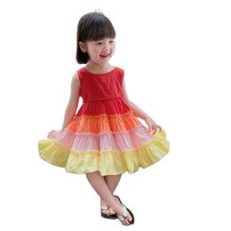 Girls summer dress sleeveless children's rainbow cake net red princess P4552 210622