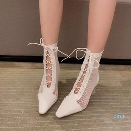 Boots Women Short Mesh Hollow Pointed Toe Cross Strap Lace Up Back Zipper Clear High Heels Spike Heeled Fashion Ladies Sandals