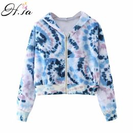 HSA Women Hoodies Sweatshirts Casual Tie-Dye Long Sleeve Pocket Hooded Sweatshirt Zipper Coat Outswear Tops 210417