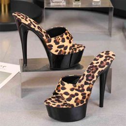 Leopard Print Woman Slippers Sandals Platform Nightclub Sexy High-heeled 15cm Shoes Heels Waterproof Thick Bottom 210628