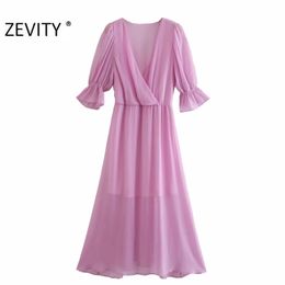 Women fashion v neck purple Colour casual slim a line Dress female pleats puff sleeve Vestidos Chic ruffles Dresses DS4361 210420