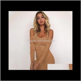 Casual Womens Clothing Apparel Drop Delivery 2021 Autumn Winter Bandage Dress Women Sexy Off Shoulder Long Sleeve Slim Elastic Bodycon Party