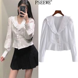 White Women Shirts Ruffle Gem Button Up Shirt Spring Puff Long Sleeve Crop Top Female Fashion Korean Blouse 210519