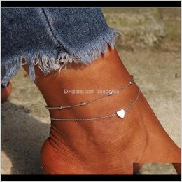 Anklets Jewellery Drop Delivery 2021 Set 2Pcs/Bag Heart Charm Bead Gold And Sier Plated Metal Chain Women Foot Anklet Gift Yjgup