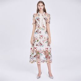 Fashion Designer Runway Dress Summer Women's Bow Collar Short Sleeve Floral-Print Embroidery Elegant Long Dresses 210520