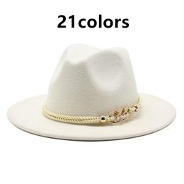 fedora hats women metal rope chain band belt luxury Jazz Cap Wide Brim solid church elegant black white felted Spring women hats