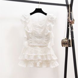 Summer Women Sexy Embroidery Lace Skirt Pant Suits Fashion Ruffles Short Sleeve Top + White Mini 2 Piece Set 210514