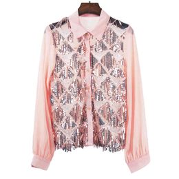 Women Long Sleeve Turn Down Collar Sequined Tassel Pink Black Solid Bling Shirt Highstreet See Through B0246 210514