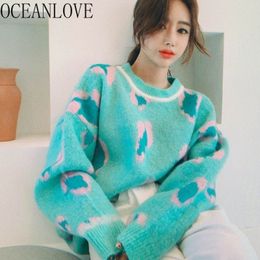 Warm Winter Ladies Pullovers Leopard Korean Vintage Women Sweaters Loose Cosy Mujer Sueteres Print 18282 210415