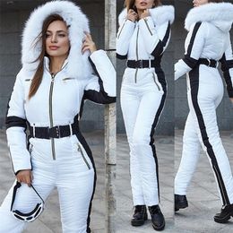 Ski Jumpsuit Women White with Black Insert Winter Suits Comfy Hooded Faux Fur Jacket fashion Warm Female Pants Suit Sets 220315