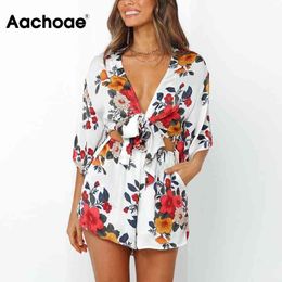 Summer Boho Beach Print Jumpsuits Women V Neck Bow Chic Playsuits Lady Half Sleeve Sexy Party Short Jumpsuit Romper 210413