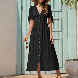 Fashion Button V-neck midi long elegant Dress for womens high-waisted cuff lace-up Bohemian A-Line dress party dress vestidos 210514
