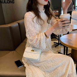 Spring Summer Autumn Women Lace Dresses Female Long Flare Sleeve Stand Collar Loose Dress Mujer Vestidos 210514