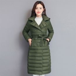 Winter Long Parkas for Women Office Ladies Style Solid Female Coat Hooded Slim Woman Puffer Jakcet with Sashes Outwear 211216