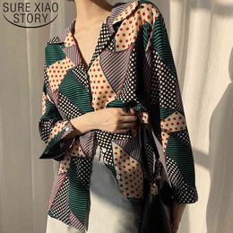 Autumn Ladies Printing Dot Stripe Long Sleeve Button V-neck Chiffon Blouse Shirts For Women Tops 7061 50 210415
