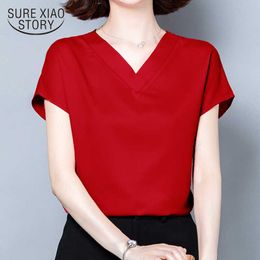 Summer Plus Size Blouses Shirts Casual Women Solid Temperament Short Sleeve V-neck Soft Silk Satin Tops Blouse Blusas 9853 210528