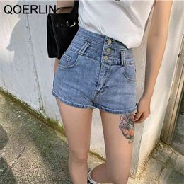 2XL Vintage Denim Shorts Summer High Waist Slim Single Breasted Button Pocket Stretch Sexy Blue Jeans Women 210601