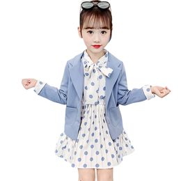 Girls Clothes Dot Pattern Children's For Jacket + Dress Clothing Sets Casual Style Costume 210527