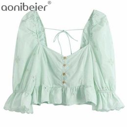 Women Hollow Embroidery Ruffled Hem Short Blouse Female Puff Sleeve Shirt Casual Lady Slim Tops Blusas 210604