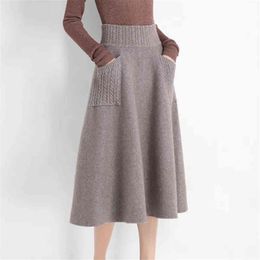 High Waist Women Winter Wool Knitting Long Skirts Faldas Jupe Femme Saia Korean Office Ladies Vintage Black Skirt With Pocket 211119
