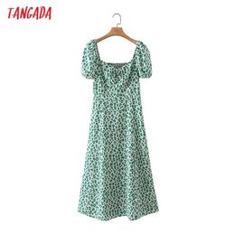 Tangada Women Green Leopard Print French Style Summer Dress Puff Short Sleeve Ladies Sundress 2M178 210609