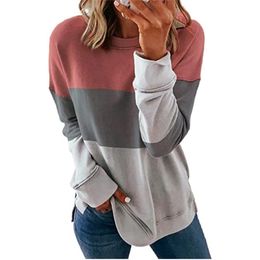 Plus Size S-5XL Women T-shirts Casual Loose Three Contrast Colour Patchwork T-Shirt Fashion O-Neck Long Sleeve Pullover Tops 210526