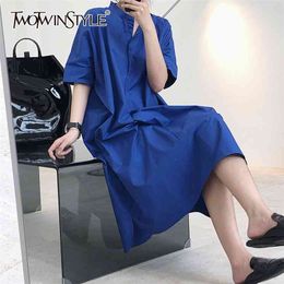 Casual Dress For Women Stand Collar Midi Side Split Minimalist Oversized Loose Dresses Female Summer 210520