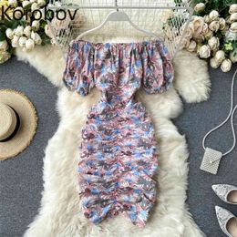 Korobov Korean Flower Print Puff Short Sleeve Women Dress New Summer Chic High Waist Dresses Elegant Ruched Vestidos 210430